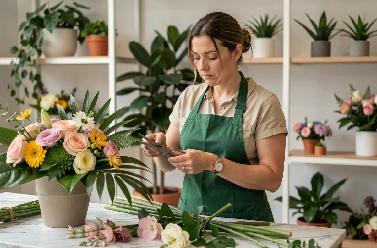Fleuriste de la boutique Acanthe à Labège arrangeant un bouquet contemporain dans un atelier moderne