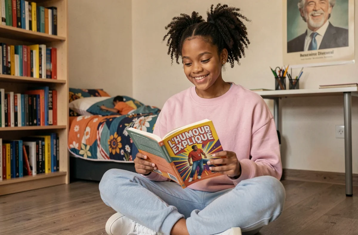 Adolescente noire lisant un livre sur l'humour dans sa chambre avec une expression réfléchie et curieuse