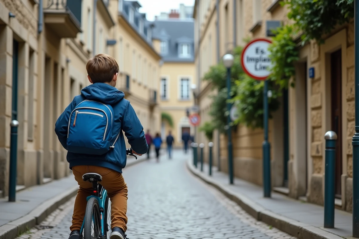 Adolescent &agrave; v&eacute;lo regarde les noms de rues dans un quartier calme