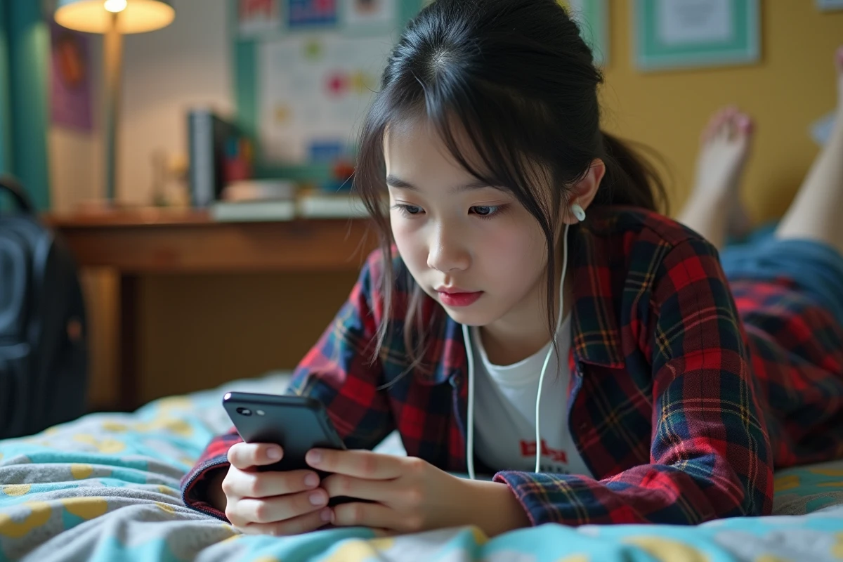 Adolescente allongée sur son lit lisant des webtoons sur smartphone après l'école, habitude de consommation de manhwa chez les jeunes