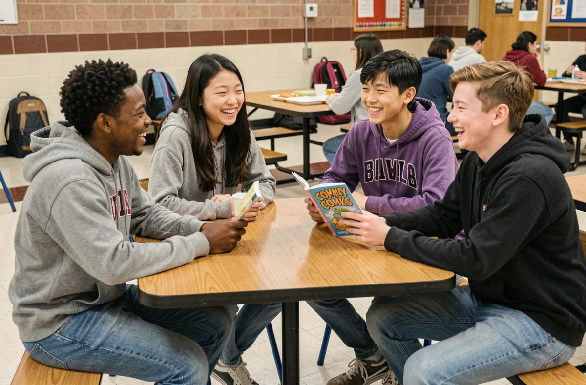 Groupe d'adolescents de différentes origines riant ensemble autour d'un livre d'humour dans une cafétéria scolaire