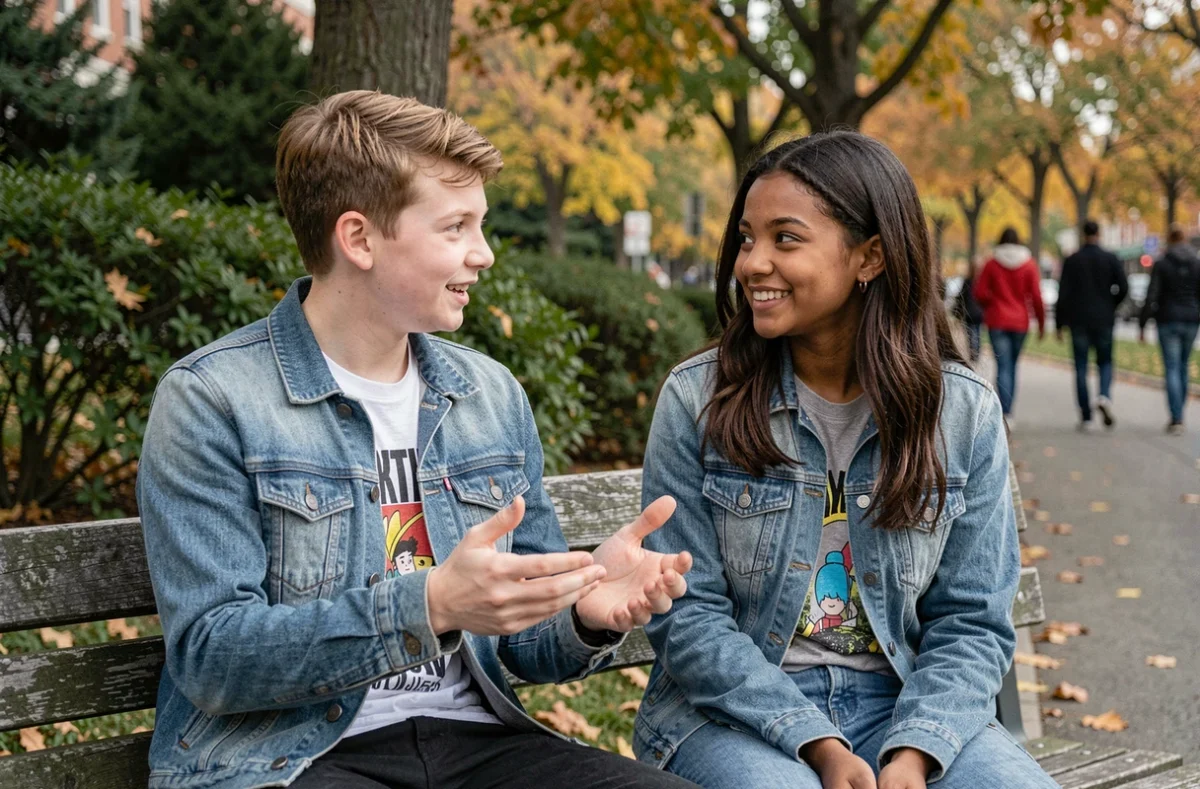 Deux adolescents de cultures différentes en conversation animée et amicale sur un banc de parc en automne