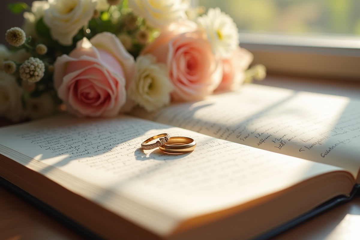 Alliances sur un livre de vœux avec bouquet blanc et blush