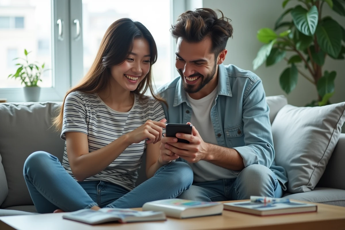Deux amis découvrant ensemble des mangas et webtoons sur un smartphone dans un salon moderne et lumineux