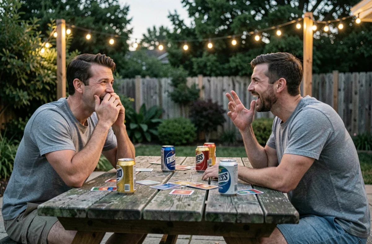 Deux amis hilares jouant à un jeu à boire en plein air lors d'une soirée estivale dans un jardin