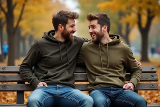 Deux amis qui rient ensemble sur un banc de parc en automne, l'un racontant une blague pour remonter le moral de l'autre