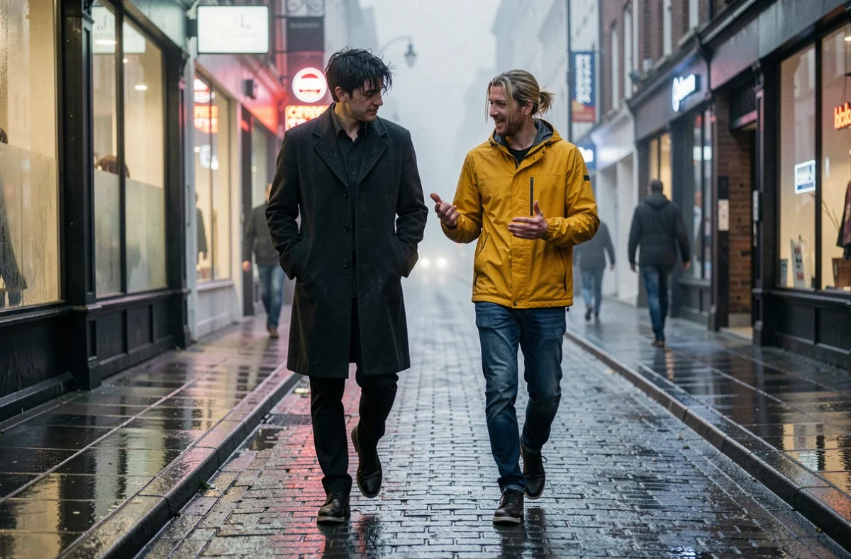 Deux amis adultes marchant ensemble dans une rue urbaine mouillée au crépuscule, l'un en manteau sombre et l'autre en coupe-vent jaune, capturant la dynamique naturelle d'une amitié de longue date