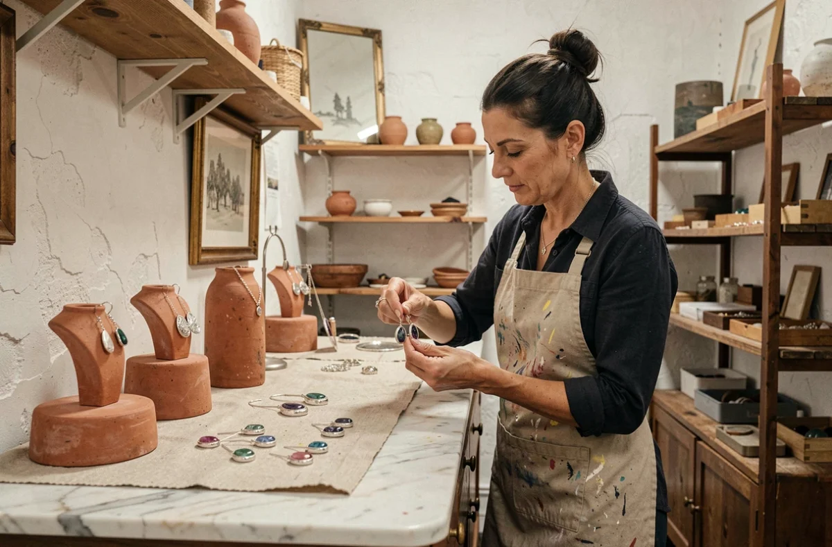 Créatrice de la bijouterie Anna Rivka dans son atelier parisien, arrangeant des boucles d'oreilles artisanales en argent sur des présentoirs en céramique