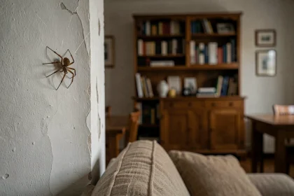 Araignée domestique immobile dans le coin d'un salon, symbolisant la cohabitation apaisée avec les araignées du soir