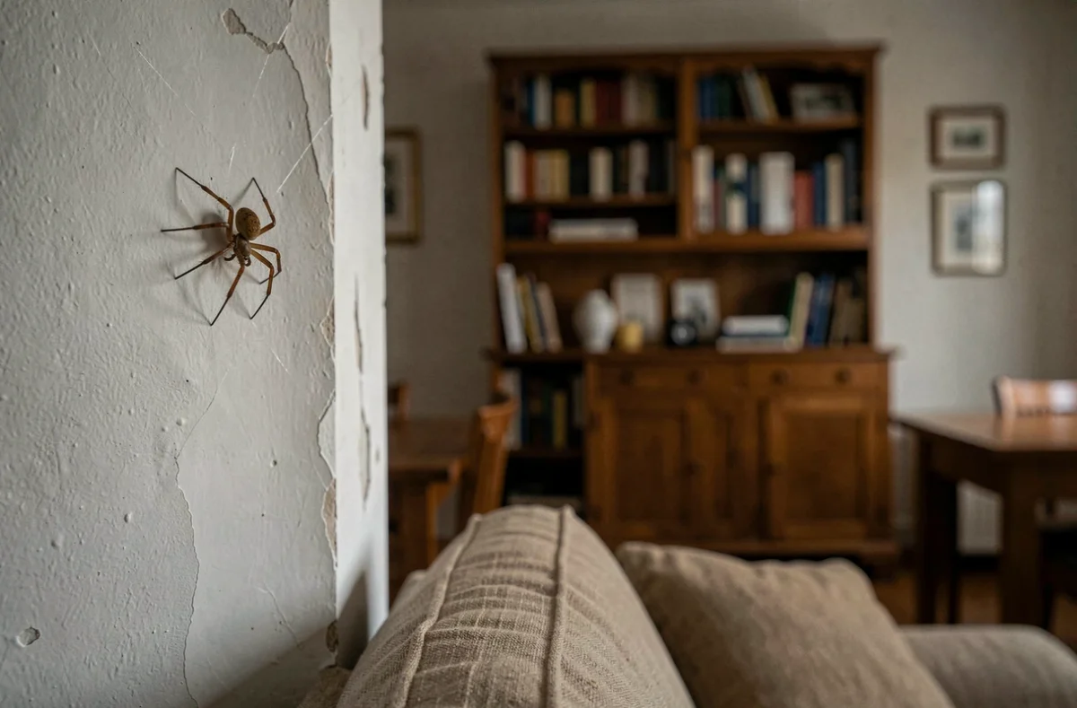 Araignée domestique immobile dans le coin d'un salon, symbolisant la cohabitation apaisée avec les araignées du soir