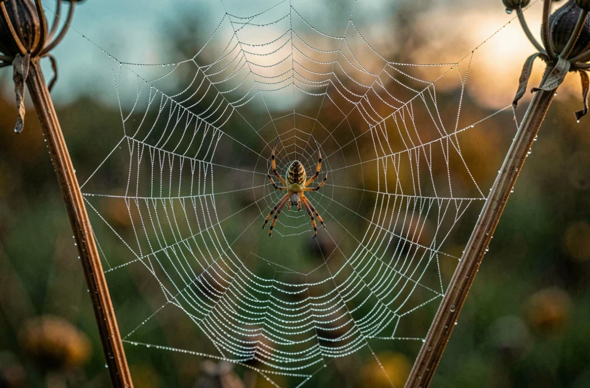 Macro d'une araignée au centre de sa toile couverte de rosée dans un jardin d'automne, évoquant la symbolique émotionnelle de l'araignée du soir