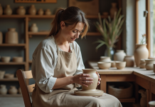 Artisane en lin façonnant un vase en céramique dans son atelier