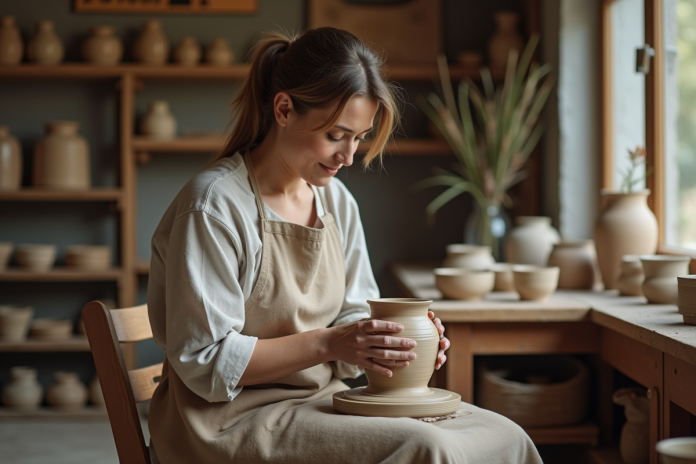 Artisane en lin façonnant un vase en céramique dans son atelier