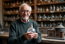 Histoire et évolution de la boule de Noël en cristal Artisan français âgé tenant une boule de Noël en cristal
