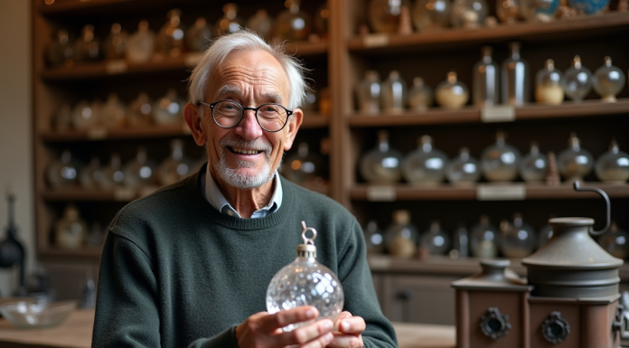 Artisan français âgé tenant une boule de Noël en cristal