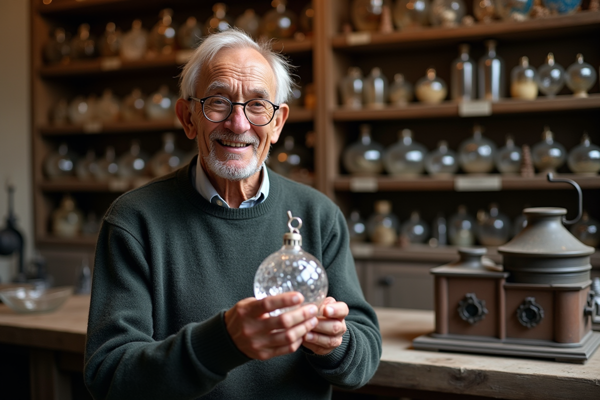 Artisan français âgé tenant une boule de Noël en cristal