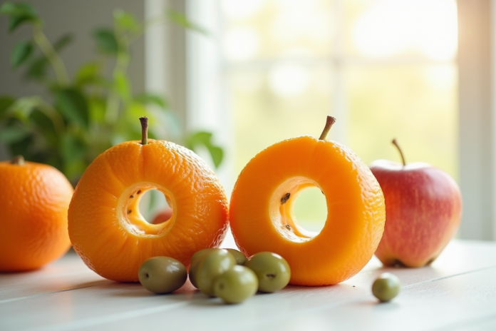 assortiment-de-fruits-orange-olive-opal Assortiment de fruits colorés sur table en lumière naturelle