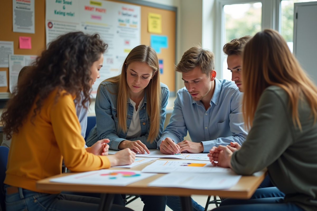 Groupe de jeunes adultes lors d'un atelier interactif en salle lumineuse