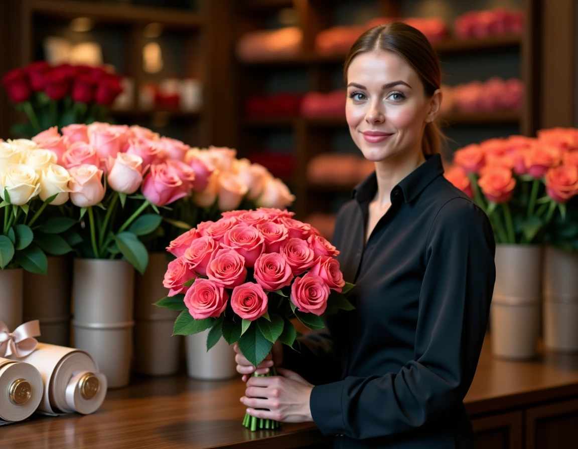 Boutique Au Nom de la Rose à Toulouse avec une sélection de roses premium disposées dans des vases élégants derrière un comptoir raffiné