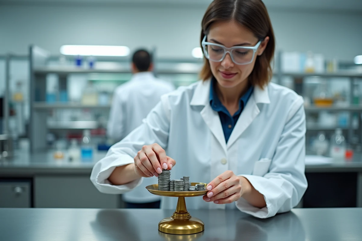 Femme en blouse blanche manipulant une balance de précision avec des poids en grammes et kilogrammes en laboratoire