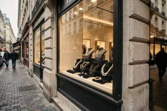 Vitrine d'une bijouterie parisienne élégante avec des colliers, bagues et bracelets exposés sur velours noir, rue pavée en arrière-plan