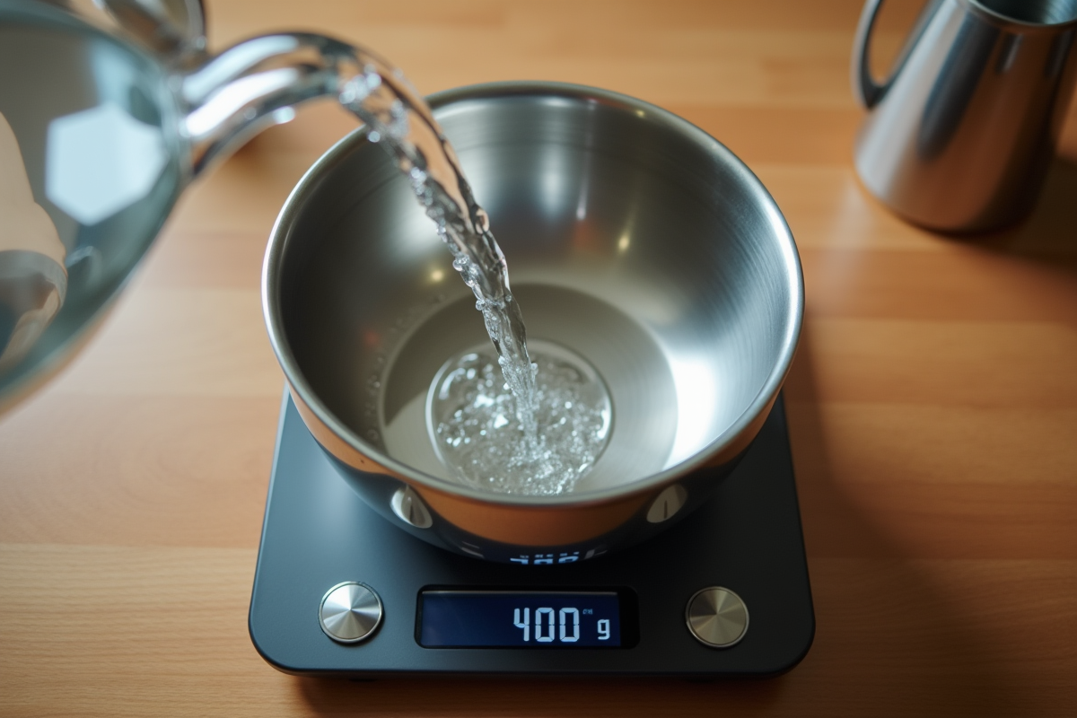 Bol en inox sur balance digitale avec verseuse d