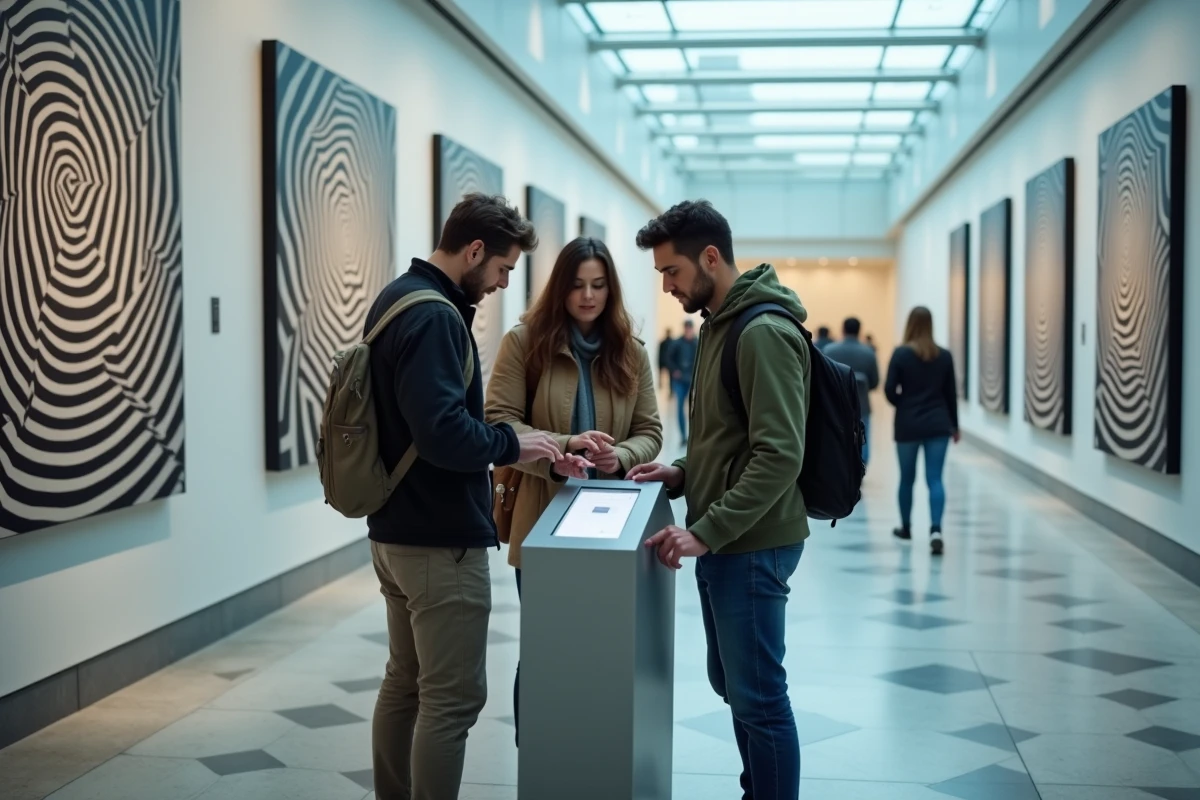 Groupe de visiteurs utilisant une borne de billetterie numérique à l'exposition Escher de Toulouse