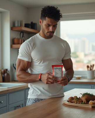 Jeune boxeur lisant les valeurs nutritionnelles d'un repas