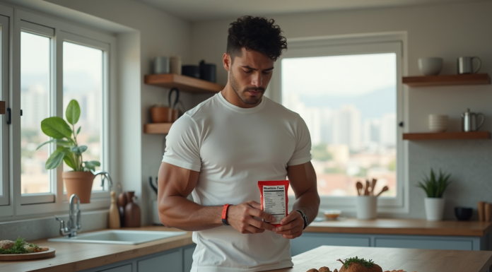 Jeune boxeur lisant les valeurs nutritionnelles d'un repas