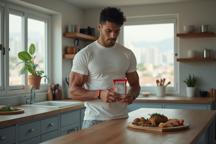 boxeur-nutrition-frustration Jeune boxeur lisant les valeurs nutritionnelles d'un repas