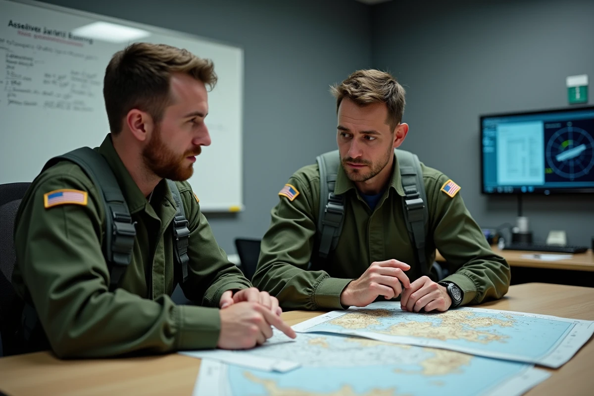 Deux pilotes d'hélicoptère militaires en salle de briefing étudiant une carte de mission