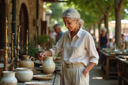 Femme examinant une cruche ancienne sur un stand de brocante en plein air en Aveyron, entourée de vaisselle vintage et de vieux objets