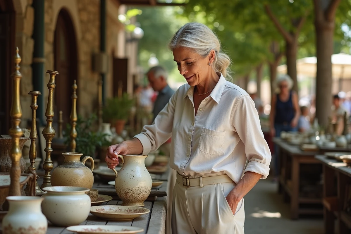 Femme examinant une cruche ancienne sur un stand de brocante en plein air en Aveyron, entourée de vaisselle vintage et de vieux objets
