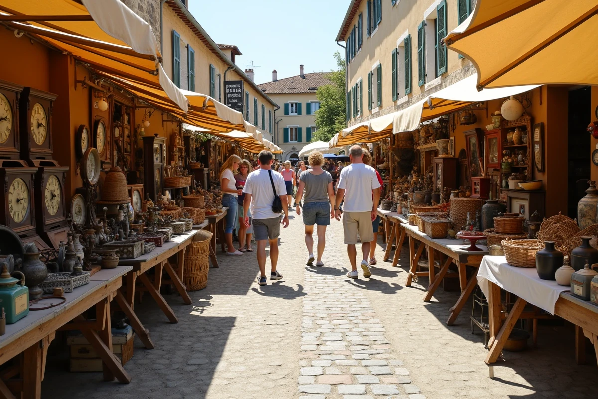 Vue panoramique d'une brocante animée sur une place de village en Aveyron, avec des étals d'objets anciens et des visiteurs en train de flâner
