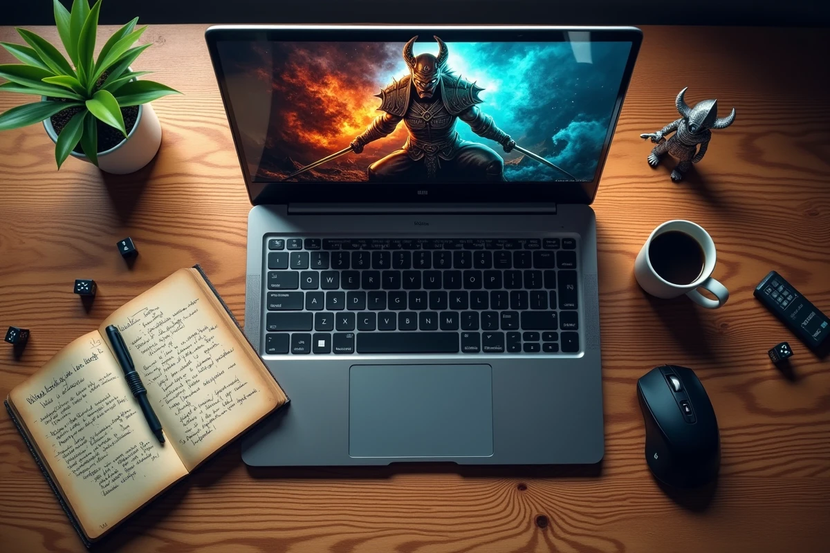 Bureau de joueur solo avec ordinateur portable ouvert sur un MMORPG fantasy et notes stratégiques manuscrites
