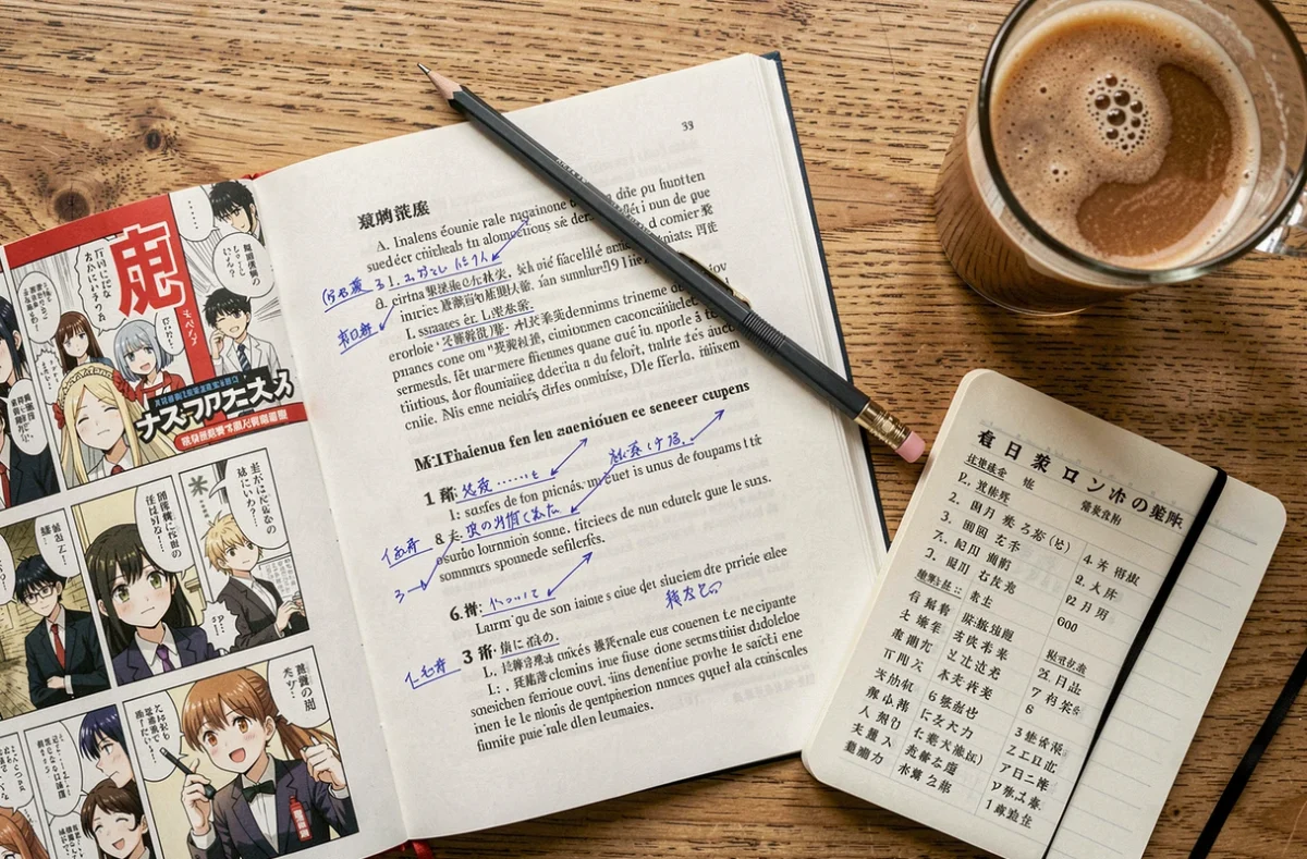 Vue aérienne d'un bureau de travail de scantrad VF avec manga japonais ouvert, traduction manuscrite annotée et notes de vocabulaire