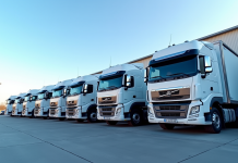 Plusieurs camions modernes de 44 tonnes garés dans un parking industriel lumineux