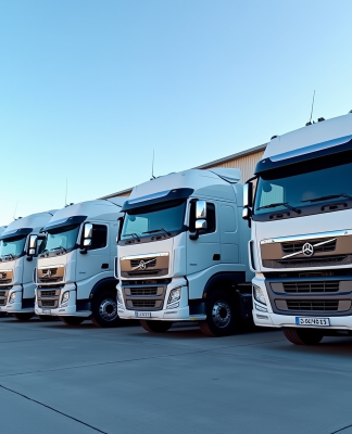 Plusieurs camions modernes de 44 tonnes garés dans un parking industriel lumineux