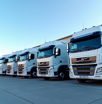 Plusieurs camions modernes de 44 tonnes garés dans un parking industriel lumineux