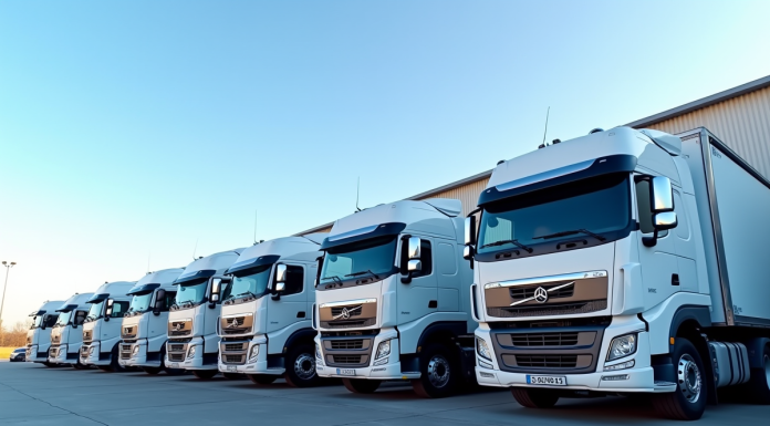 Plusieurs camions modernes de 44 tonnes garés dans un parking industriel lumineux