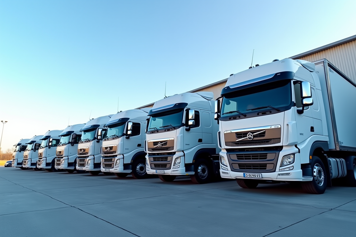 Plusieurs camions modernes de 44 tonnes garés dans un parking industriel lumineux