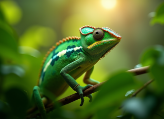 Caméléon vert parmi les feuilles tropicales en forêt
