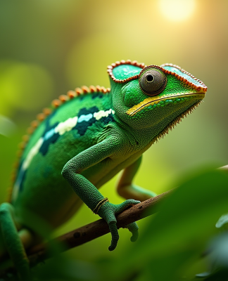 Caméléon vert parmi les feuilles tropicales en forêt