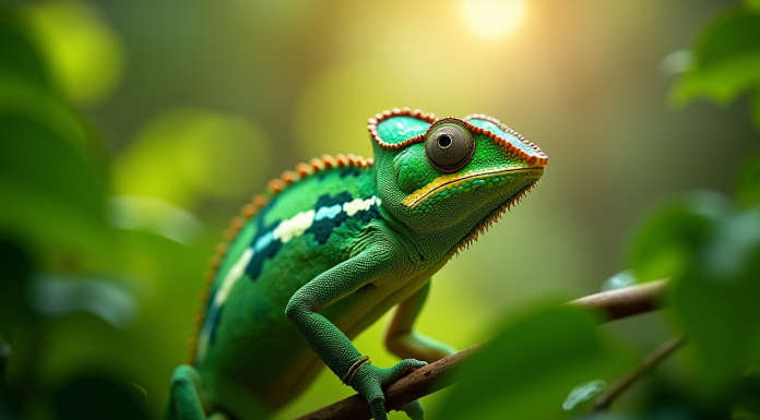 Caméléon vert parmi les feuilles tropicales en forêt