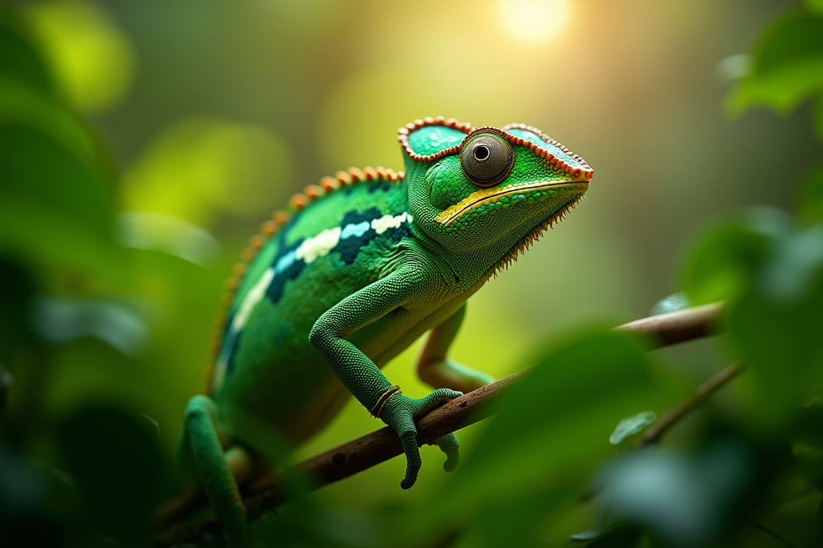 Caméléon vert parmi les feuilles tropicales en forêt