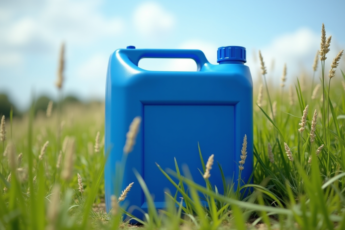 Canette AdBlue bleue avec mauvaises herbes vertes en plein jour