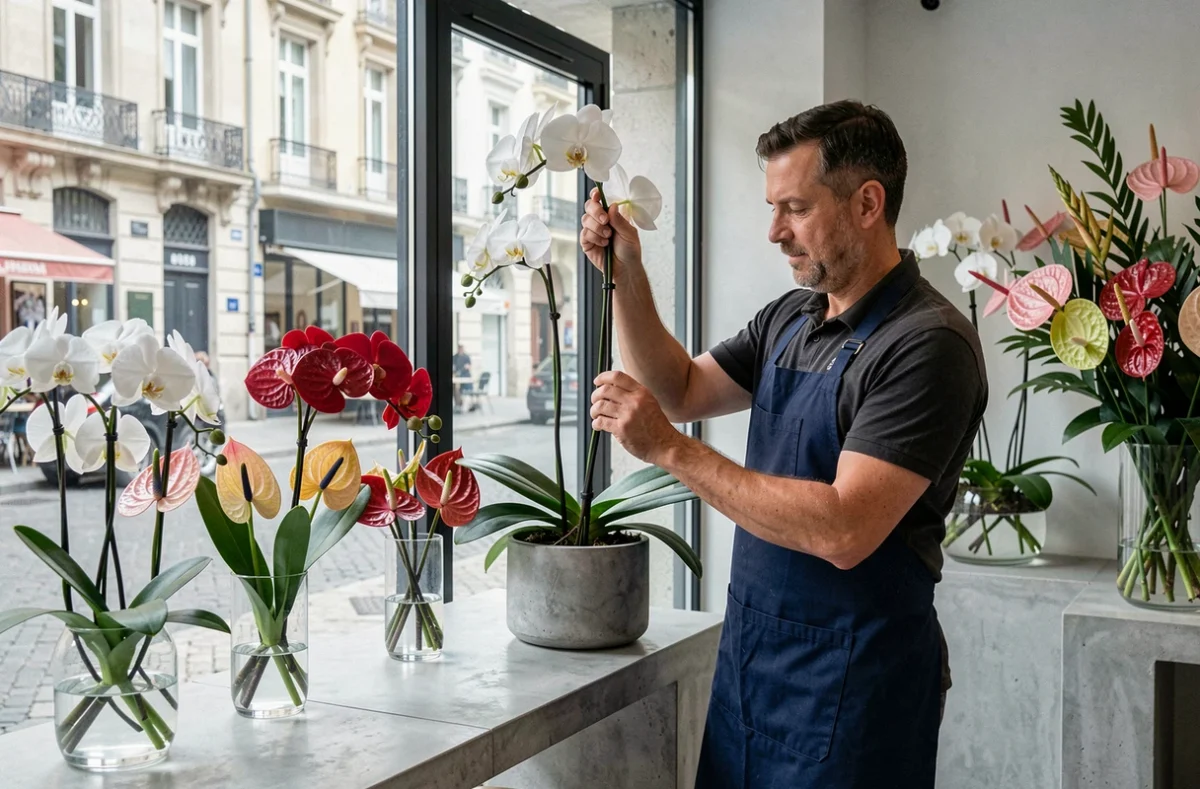 Boutique Cattleya à Toulouse avec des orchidées et des fleurs exotiques présentées dans un cadre contemporain épuré