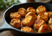 Champignons de chanterelle fraîchement cuits dans une cocotte en fonte