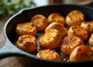 Champignons de chanterelle fraîchement cuits dans une cocotte en fonte