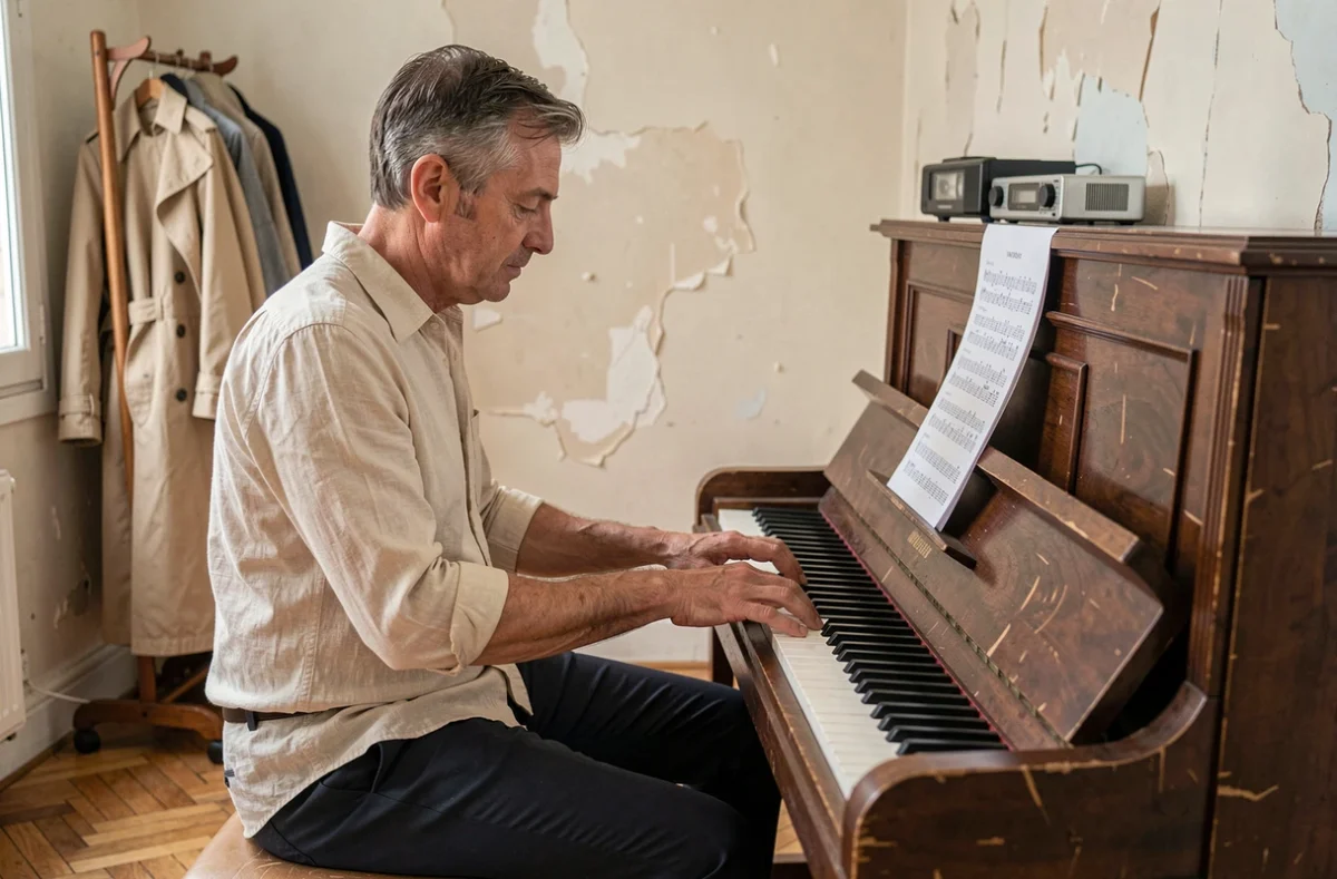Chanteur français des années 80 au piano dans une salle de répétition parisienne intimiste